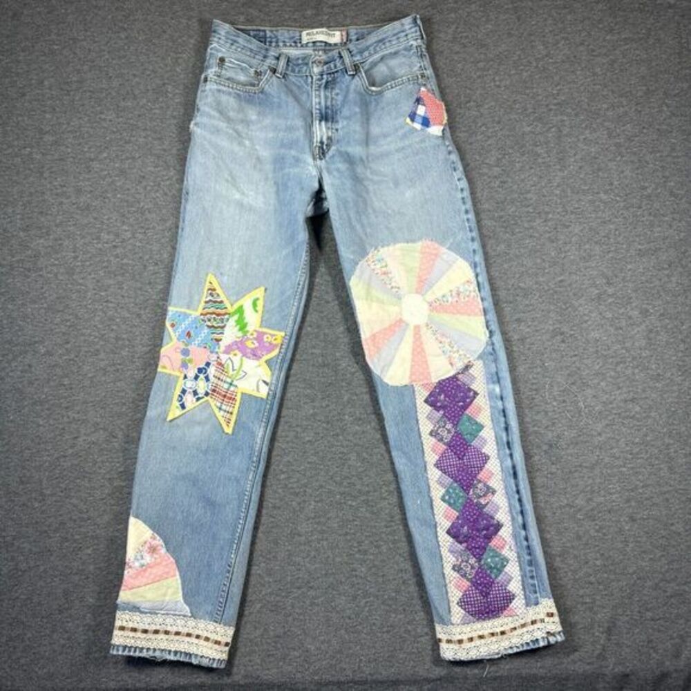 Upcycled OOAK Patchwork Jeans Fits 30X33 Quilt Feedstack Tattered Worn Farmhouse - Picture 1 of 15